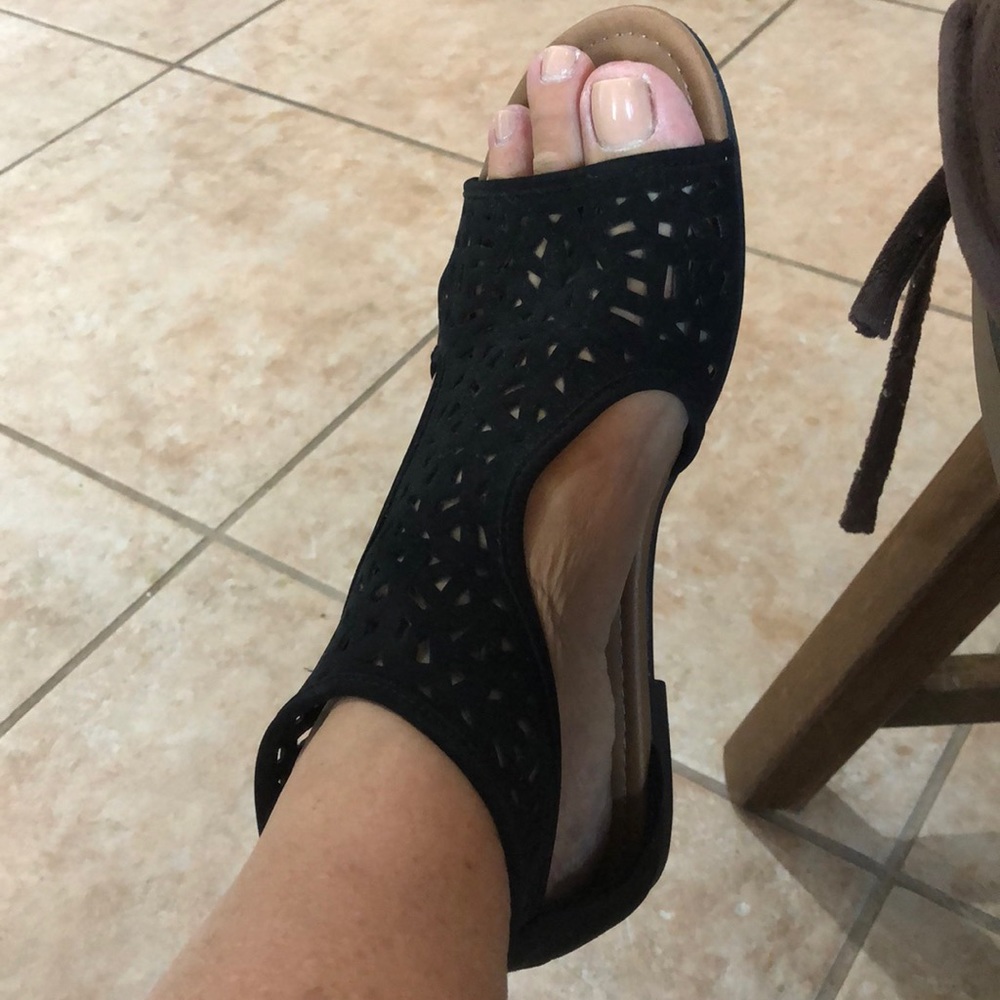 Black zip back open toe flat